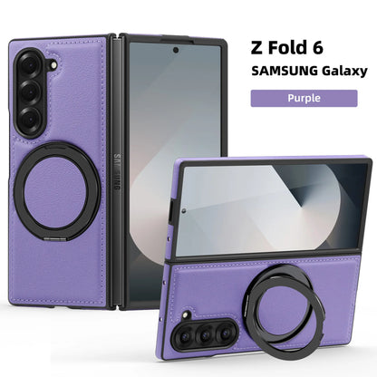 Phone Case for Samsung Galaxy Z Fold 7 Fold6 5 4 3 Strong Magnetic Ring&360 °rotating Bracket Wireless Charging Pu Leather Cover
