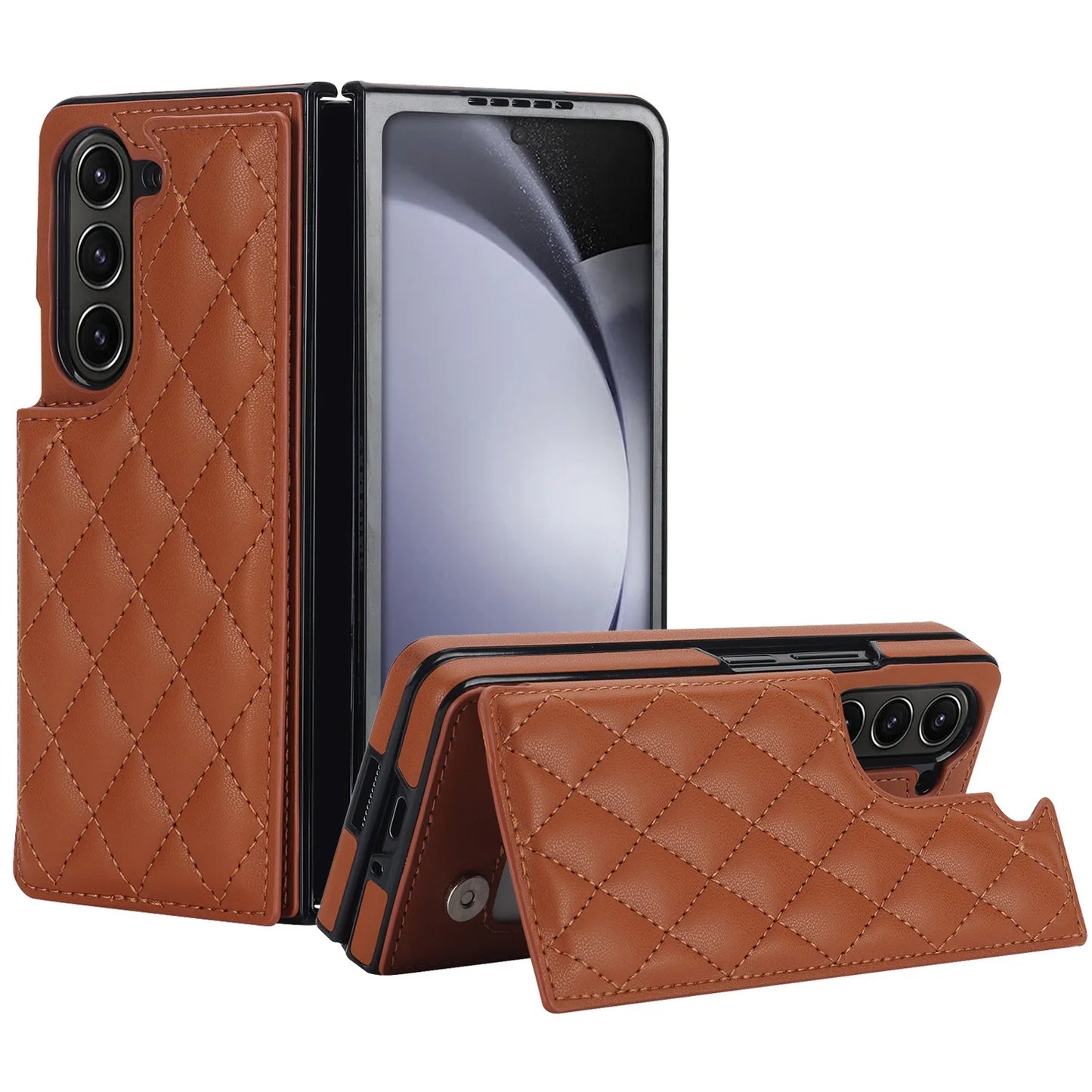 Fold7 Double Button Card Holder Wallet Phone Case for Samsung Galaxy Z Fold 7 6 5 4 3 Diamond Grid Texture Flip Pu Leather Cover