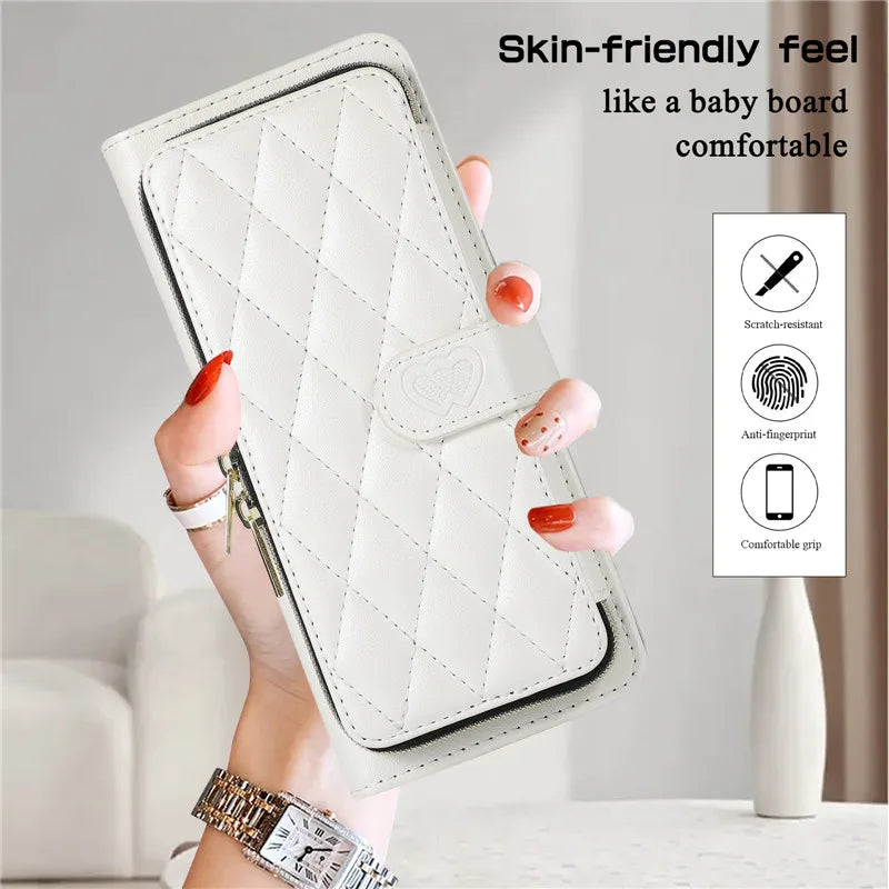 Crossbody Lanyard Zip Leather Wallet Card Phone Case for Samsung Galaxy Z Fold 7 6 5 4 3 Luxury Wrist Rope Flip Stand Cover Bag