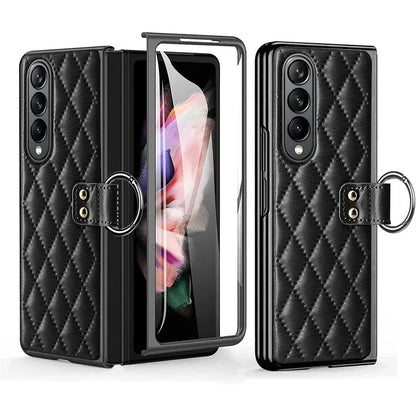 Leather Case with Ring Screen Protector for Samsung Galaxy Z, Fold 5, 6, 7 Z Fold 3, 4, Luxury Phone Case, Plating, Woman, Girl