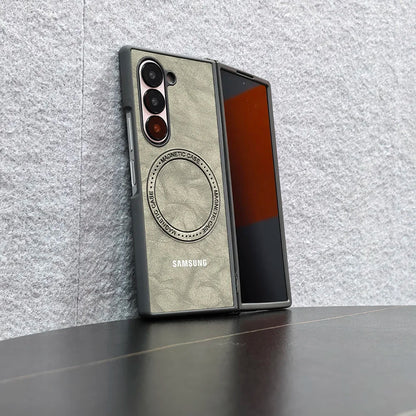 Magnetic Sheepskin Leather Case For Samsung Galaxy Z Fold 3 4 5 6 7 For Magsafe Wireless Charging Hard PC Protective Cover