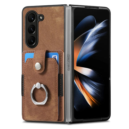 Z Fold 7 Retro Pu Leather Phone Case for Samsung Galaxy Z Fold 6 5 4 3 Magnetic Hardware Ring&buckle Card Slot Bag Bracket Cover