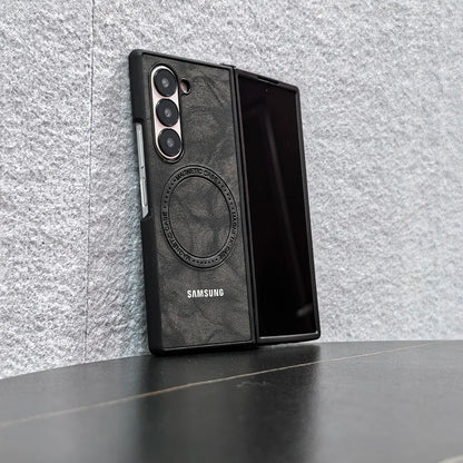 Magnetic Sheepskin Leather Case For Samsung Galaxy Z Fold 3 4 5 6 7 For Magsafe Wireless Charging Hard PC Protective Cover