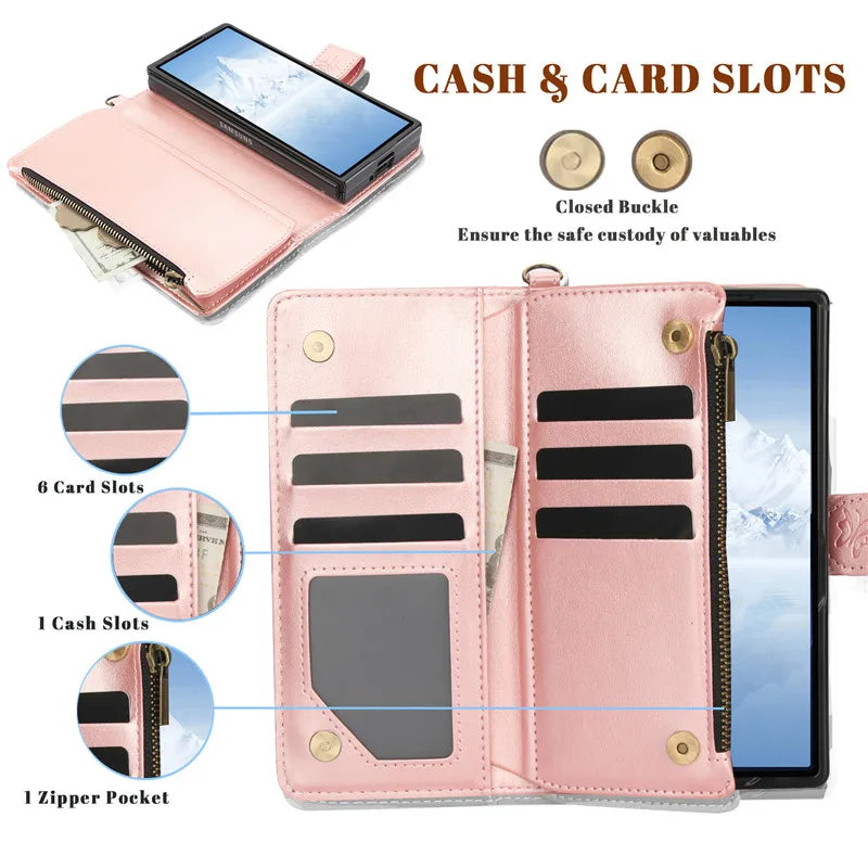 Lanyard Leather Zipper Wallet Multi Card Phone Case for Samsung Galaxy Z Fold 7 6 5 4 3 Fold6 Fold5 Fold4 Fold3 Flip Stand Cover