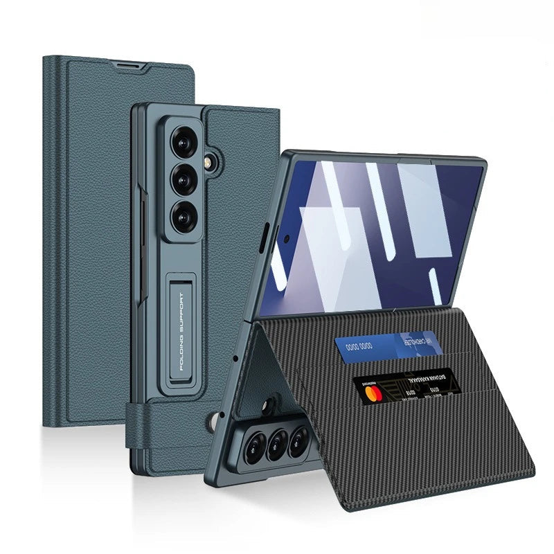 Fold7 Film+Phone Case for Samsung Galaxy Z Fold 7 Card Holder Magnetic Buckle Wallet Flip Wireless Charging Stand Leather Cover