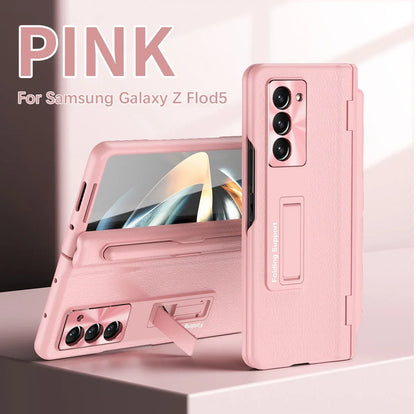 With Touch Pen Case For Samsung Galaxy Z Fold 5 Leather Hinge Fold 6 4 3 Screen Protector Tempered Film Folding Kickstand Cover