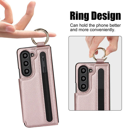 Fold7 Ring&Pen Slot Pu Leather Phone Case for Samsung Galaxy Z Fold 7 6 5 4 3 Metal Double Buckle Flip Card Holder Wallet Cover
