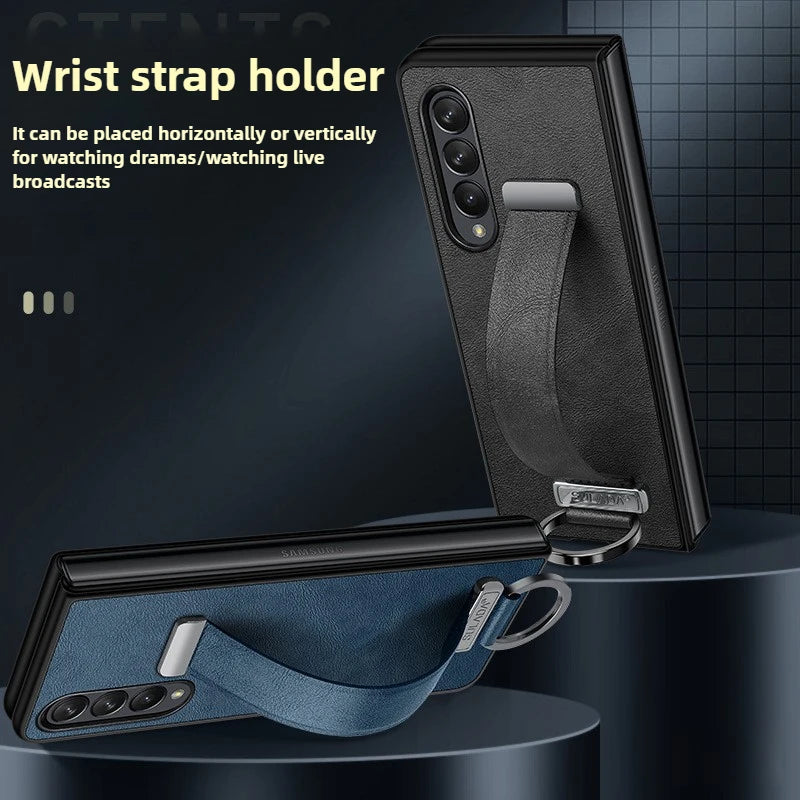 High-end Cowide Leather Mobile Phone Case for Samsung Galaxy Z Fold 7 Fold6 5 4 3 Wristband Holder Camera Protection Back Cover
