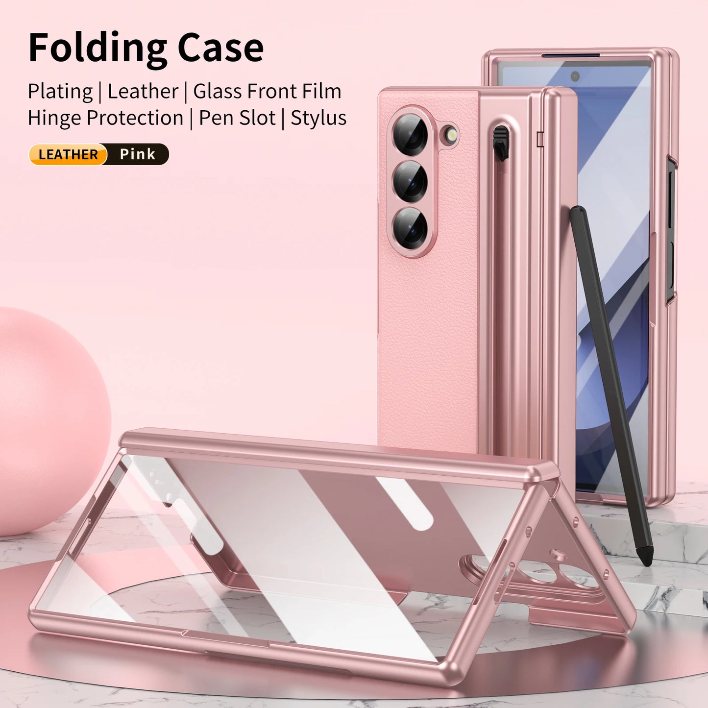 VIETAO For Samsung Galaxy Z Fold 7 Leather Phone Case With Hinge Protection, Z Fold 6 Case With Front Screen Film Protector+Pen