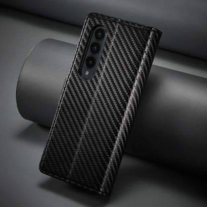 ZFold 7 Carbon Fiber Texture Phone Case for Samsung Galaxy Z Fold 7 6 5 4 3 W23 W22 5G Buckle Pu Leather Card Slot Holder Wallet