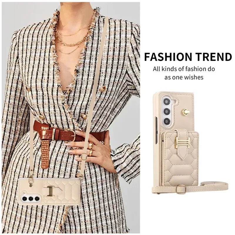 Crossbody Lanyard Leather Phone Case for Samsung Galaxy Z Fold 6 5 4 3 Fold6 Fold5 Fold4 Fold3 Wrist Rope Wallet Card Cover Etui