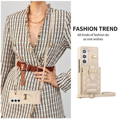 Crossbody Lanyard Leather Phone Case for Samsung Galaxy Z Fold 6 5 4 3 Fold6 Fold5 Fold4 Fold3 Wrist Rope Wallet Card Cover Etui