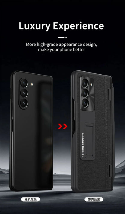 With Touch Pen Case For Samsung Galaxy Z Fold 5 Leather Hinge Fold 6 4 3 Screen Protector Tempered Film Folding Kickstand Cover