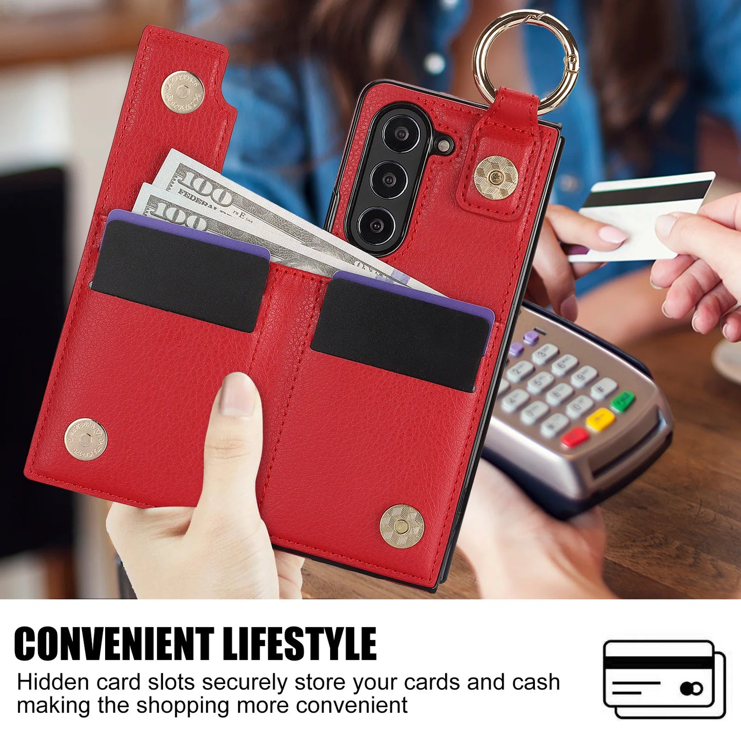 Fold7 Ring&Pen Slot Pu Leather Phone Case for Samsung Galaxy Z Fold 7 6 5 4 3 Metal Double Buckle Flip Card Holder Wallet Cover