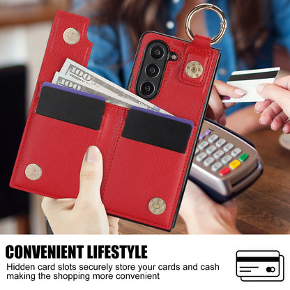 Fold7 Ring&Pen Slot Pu Leather Phone Case for Samsung Galaxy Z Fold 7 6 5 4 3 Metal Double Buckle Flip Card Holder Wallet Cover