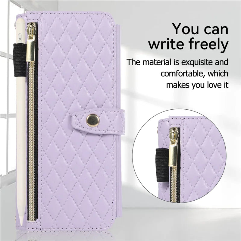Luxury Lanyard Leather Flip Stand Phone Case for Samsung Galaxy Z Fold 7 6 5 4 3 Fold6 Fold5 Fold3 Fold4 Zip Wallet Card Cover