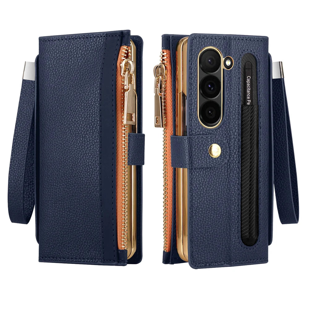 Leather Card Wallet With S Pen Solt Case For Samsung Galaxy Z Fold 6 5 4 3 2 ZFold6 Fold Multifunctional Zipper Protection Cover