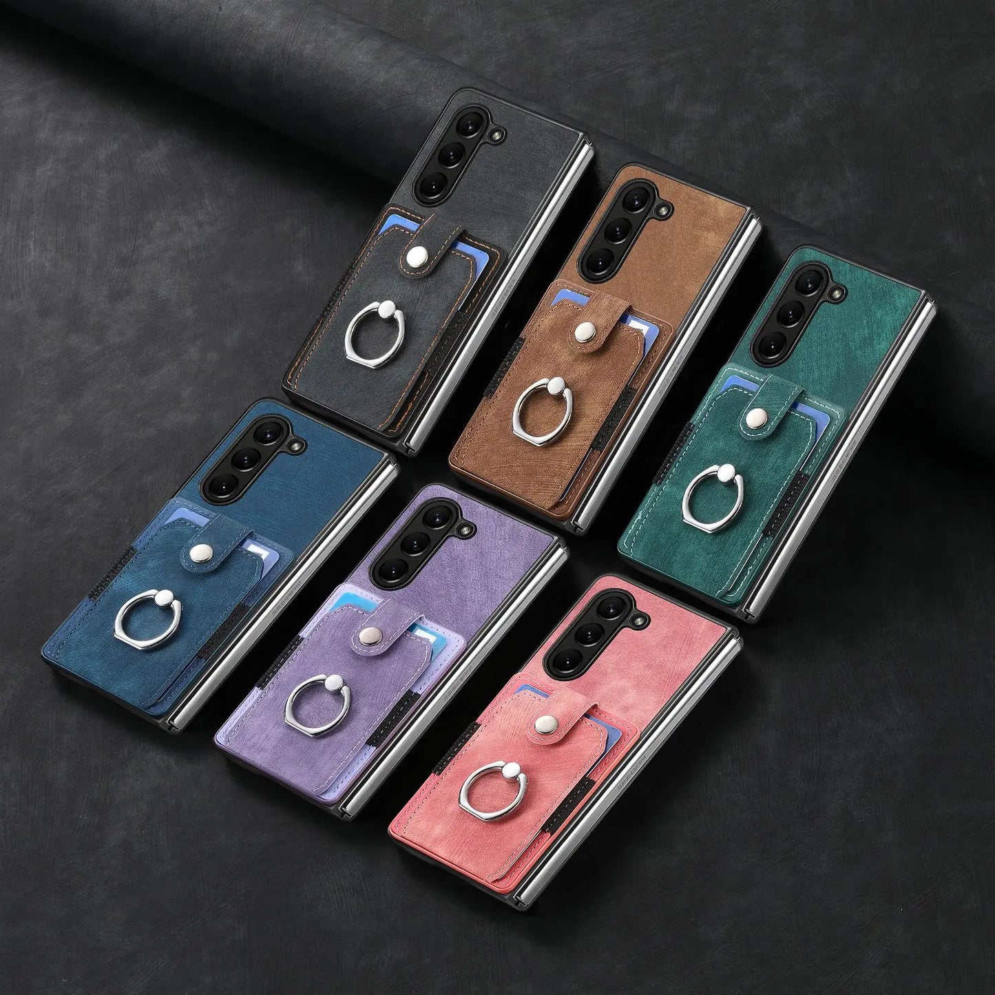 Z Fold 7 Retro Pu Leather Phone Case for Samsung Galaxy Z Fold 6 5 4 3 Magnetic Hardware Ring&buckle Card Slot Bag Bracket Cover