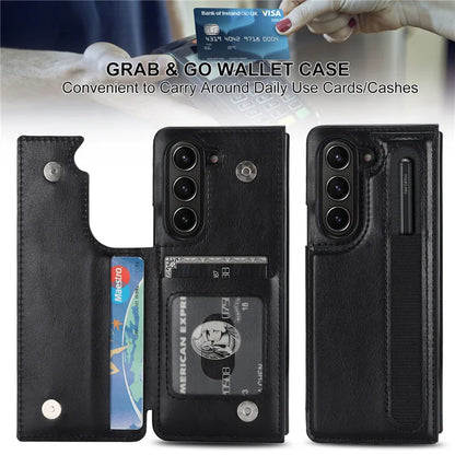 Pen Slot Leather Wallet Card Phone Case for Samsung Galaxy Z Fold 7 6 5 4 3 Fold6 Fold5 Fold4 Fold3 Retor Flip Stand Cover Etui