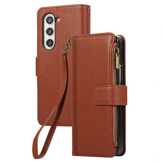 Lanyard+long Strap Crossbody Phone Case for Samsung Galaxy Z Fold 7 Fold6 5 4 3 Zipper&buckle Leather Card Holder Wallet Cover