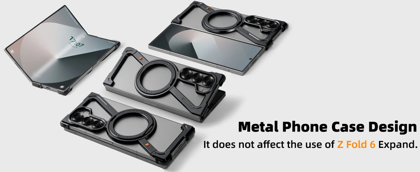 Oatsbasf Magnetic Phone Case for Samsung Galaxy Z Fold 6 5 Metal Slim Phone Protective Cover Shell with 360° Rotatable Stand