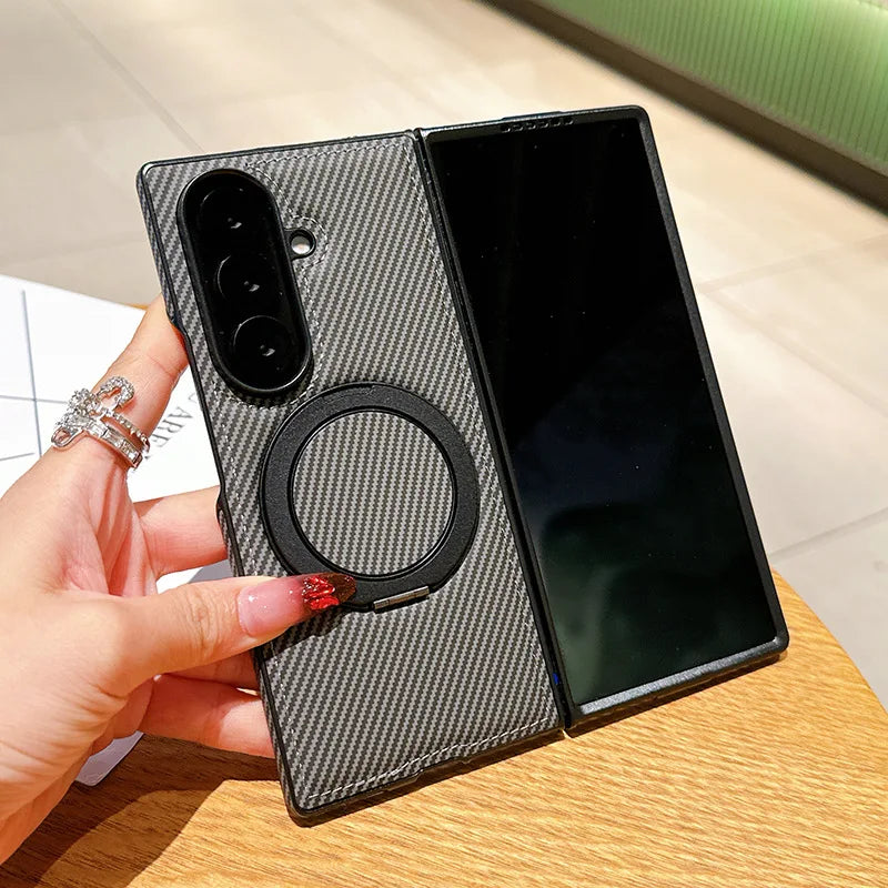 Auto Leather Phone Case for Samsung Galaxy Z Fold 7 Fold6 5 4 3 Magnetic Rotating Alloy Bracket Ring Carbon Fiber Pattern Cover