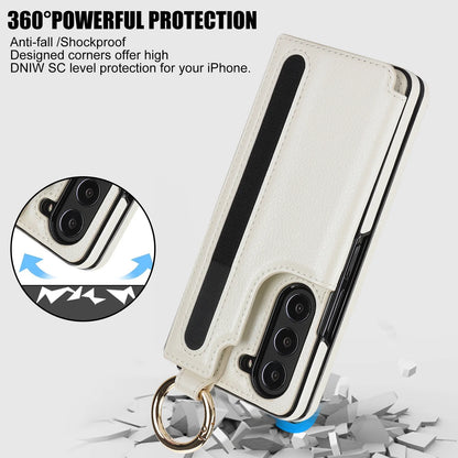 Fold7 Ring&Pen Slot Pu Leather Phone Case for Samsung Galaxy Z Fold 7 6 5 4 3 Metal Double Buckle Flip Card Holder Wallet Cover