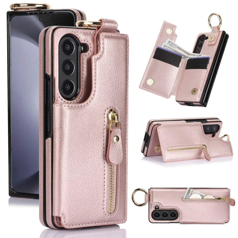 Ring Leather Zipper Wallet Card Slot Phone Case for Samsung Galaxy Z Fold 7 6 5 4 3 Shock Proof Flip Purse Holder Cover Hoesje