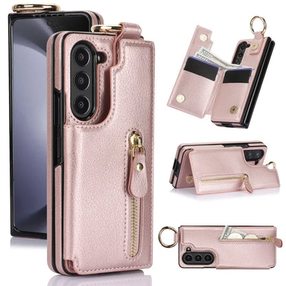 Ring Leather Zipper Wallet Card Slot Phone Case for Samsung Galaxy Z Fold 7 6 5 4 3 Shock Proof Flip Purse Holder Cover Hoesje