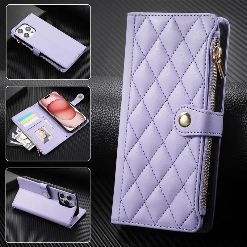 Crossbody Lanyard Leather Zip Wallet Card Slot Phone Case for Samsung Galaxy Z Fold 7 6 5 4 3 Wrist Strap Flip Stand Cover Etui