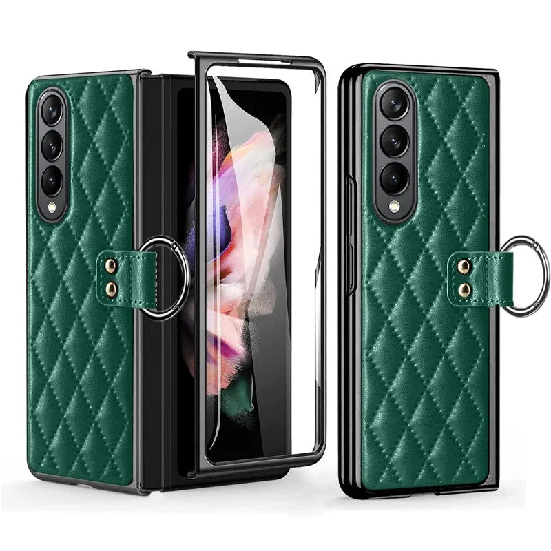 Leather Case with Ring Screen Protector for Samsung Galaxy Z, Fold 5, 6, 7 Z Fold 3, 4, Luxury Phone Case, Plating, Woman, Girl
