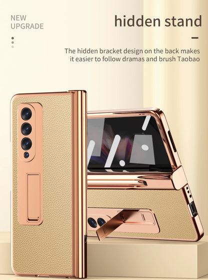 Coque With S Pen Plating Leather Case For Samsung Galaxy Z Fold 7 6 5 4 360 Full Protection Tempered Glass Kickstand Phone Cover