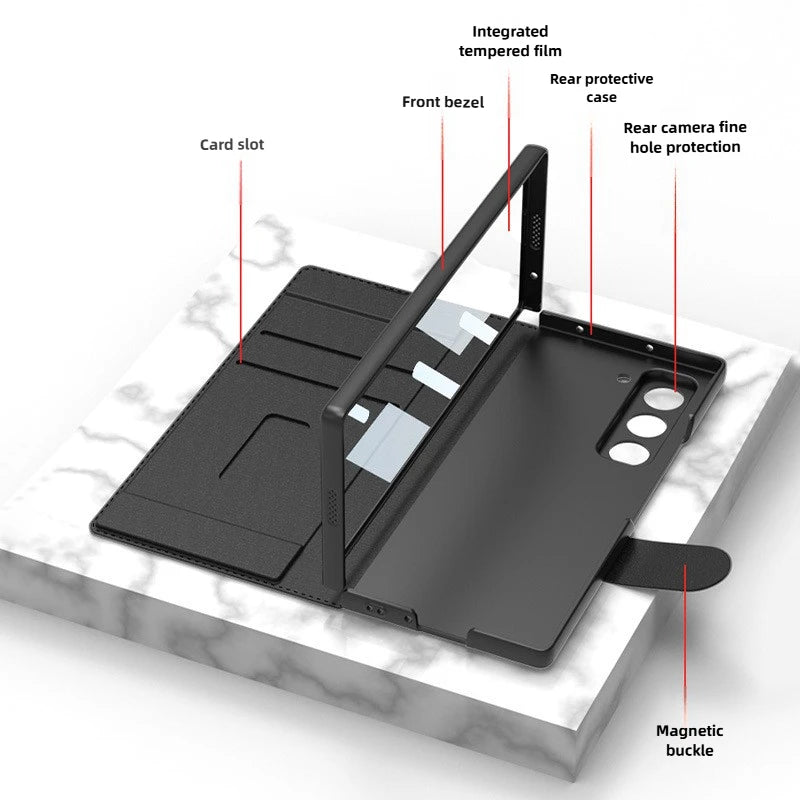 Fold 7 Card Holder Screen Film&Phone Case for Samsung Galaxy Z Fold 7 6 Pen Slot Magnetic Buckle Wallet Pu Leather+Pc Hard Cover