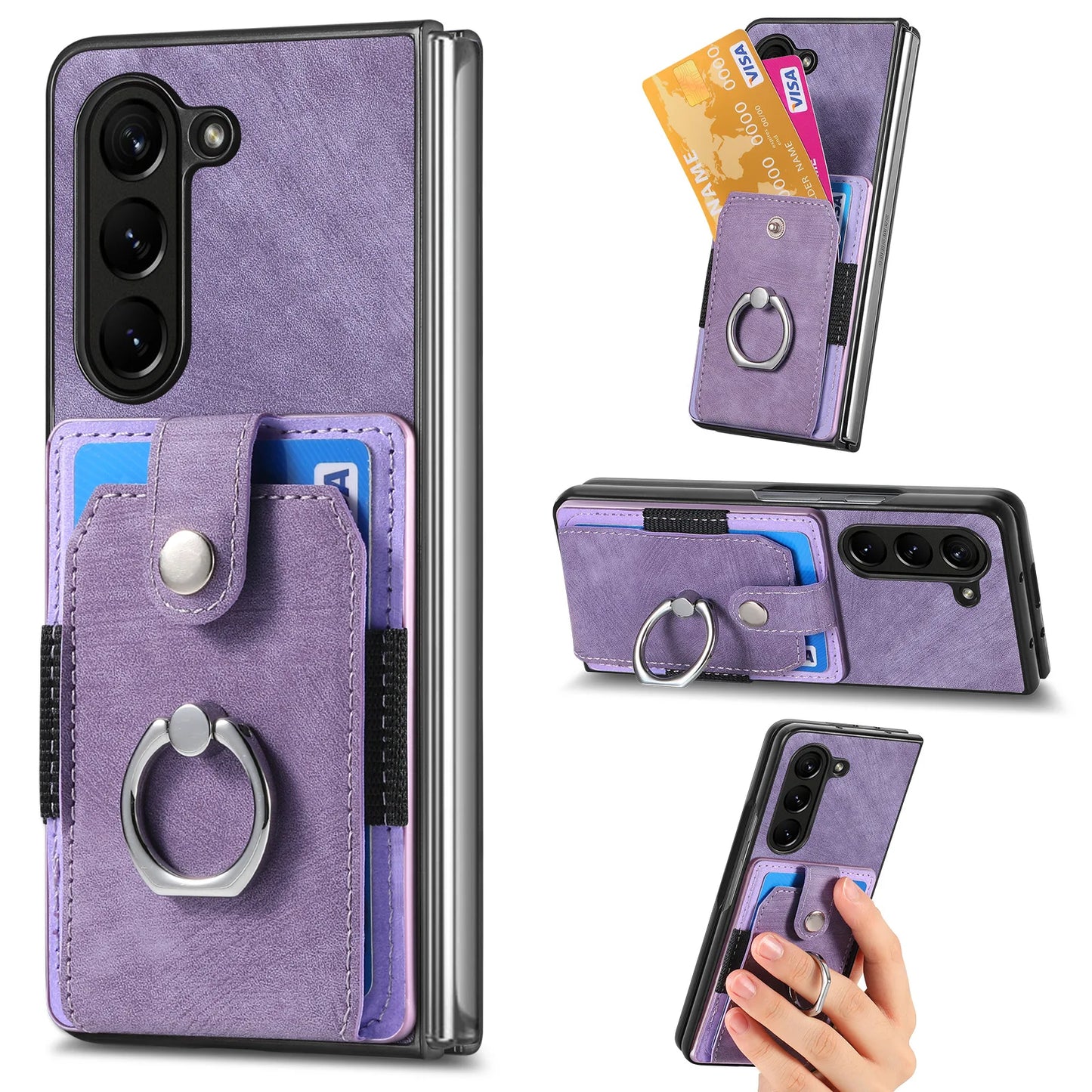 Z Fold 7 Retro Pu Leather Phone Case for Samsung Galaxy Z Fold 6 5 4 3 Magnetic Hardware Ring&buckle Card Slot Bag Bracket Cover