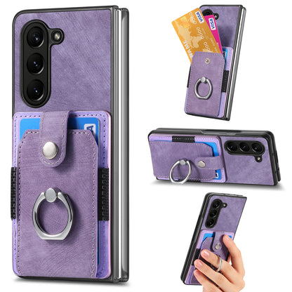 Z Fold 7 Retro Pu Leather Phone Case for Samsung Galaxy Z Fold 6 5 4 3 Magnetic Hardware Ring&buckle Card Slot Bag Bracket Cover