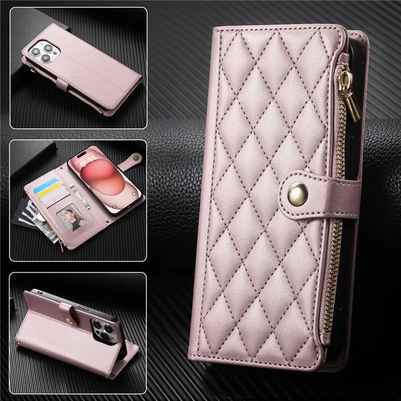 Crossbody Lanyard Leather Zip Wallet Card Slot Phone Case for Samsung Galaxy Z Fold 7 6 5 4 3 Wrist Strap Flip Stand Cover Etui