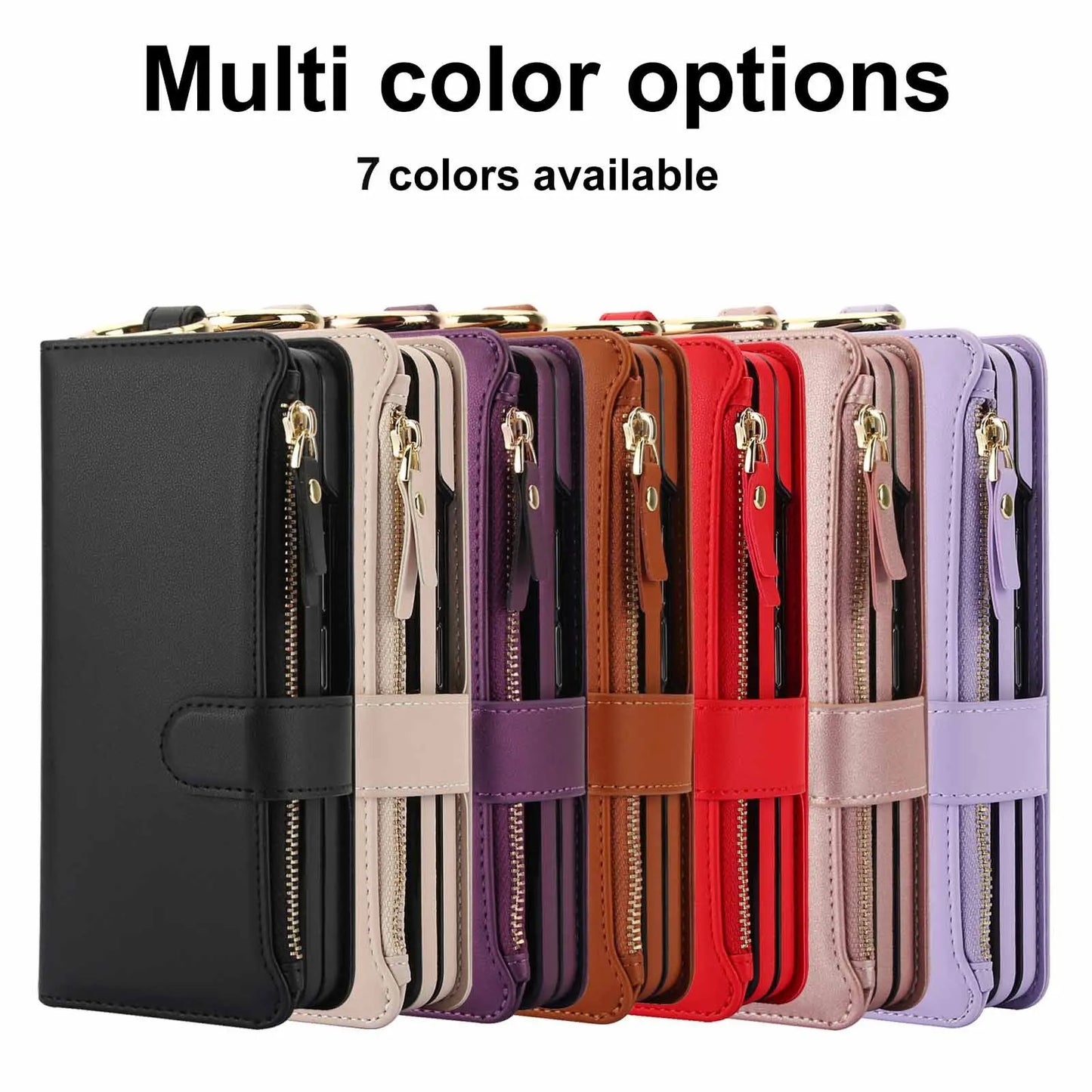 ZFold 7 Pu Leather Crossbody Phone Case for Samsung Galaxy Z Fold 7 6 5 4 3 Ring&Wrist Strap&Long Rope&Zipper Card Wallet Cover