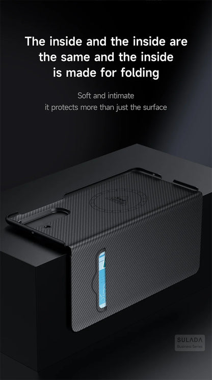 Carbon Fiber Magsafe Flip Case for Z Fold 7/6 – Leather Business Window View