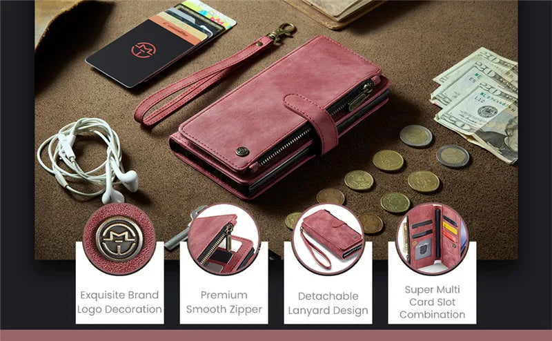 Luxury Lanyard Leather Zipper Wallet Card Phone Case For Samsung Galaxy Z Fold 7 6 5 4 Fold6 Fold5 Fold4 Purse Flip Stand Cover