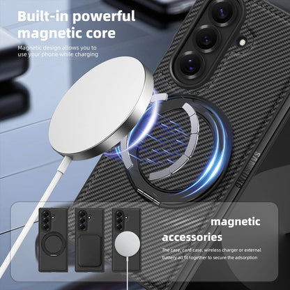 Auto Leather Phone Case for Samsung Galaxy Z Fold 7 Fold6 5 4 3 Magnetic Rotating Alloy Bracket Ring Carbon Fiber Pattern Cover