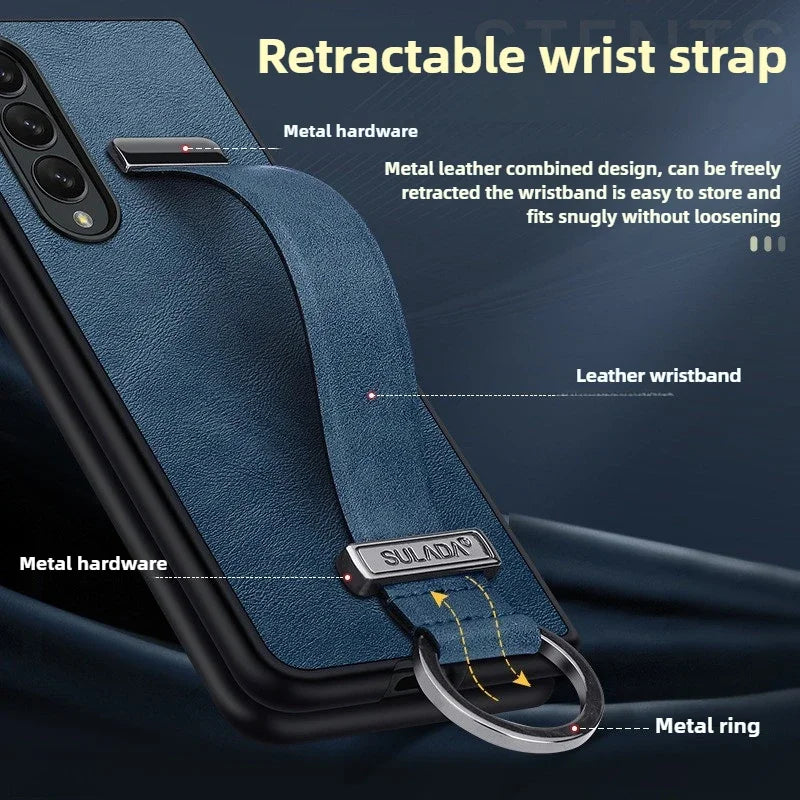 High-end Cowide Leather Mobile Phone Case for Samsung Galaxy Z Fold 7 Fold6 5 4 3 Wristband Holder Camera Protection Back Cover