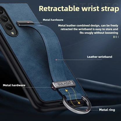 High-end Cowide Leather Mobile Phone Case for Samsung Galaxy Z Fold 7 Fold6 5 4 3 Wristband Holder Camera Protection Back Cover
