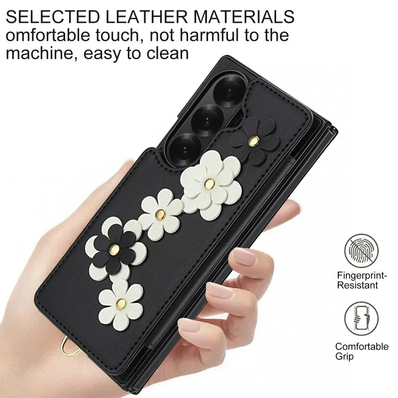 Long Lanyard Leather Wallet Card Slot Phone Case for Samsung Galaxy Z Fold 7 6 5 4 Wrist Strap Flip Purse Holder Cover Back Bag