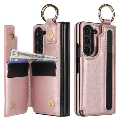 Fold7 Ring&Pen Slot Pu Leather Phone Case for Samsung Galaxy Z Fold 7 6 5 4 3 Metal Double Buckle Flip Card Holder Wallet Cover