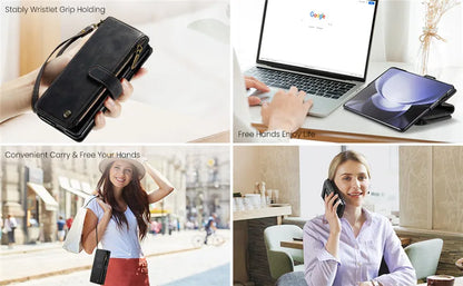 Luxury Lanyard Leather Zipper Wallet Card Phone Case For Samsung Galaxy Z Fold 7 6 5 4 Fold6 Fold5 Fold4 Purse Flip Stand Cover