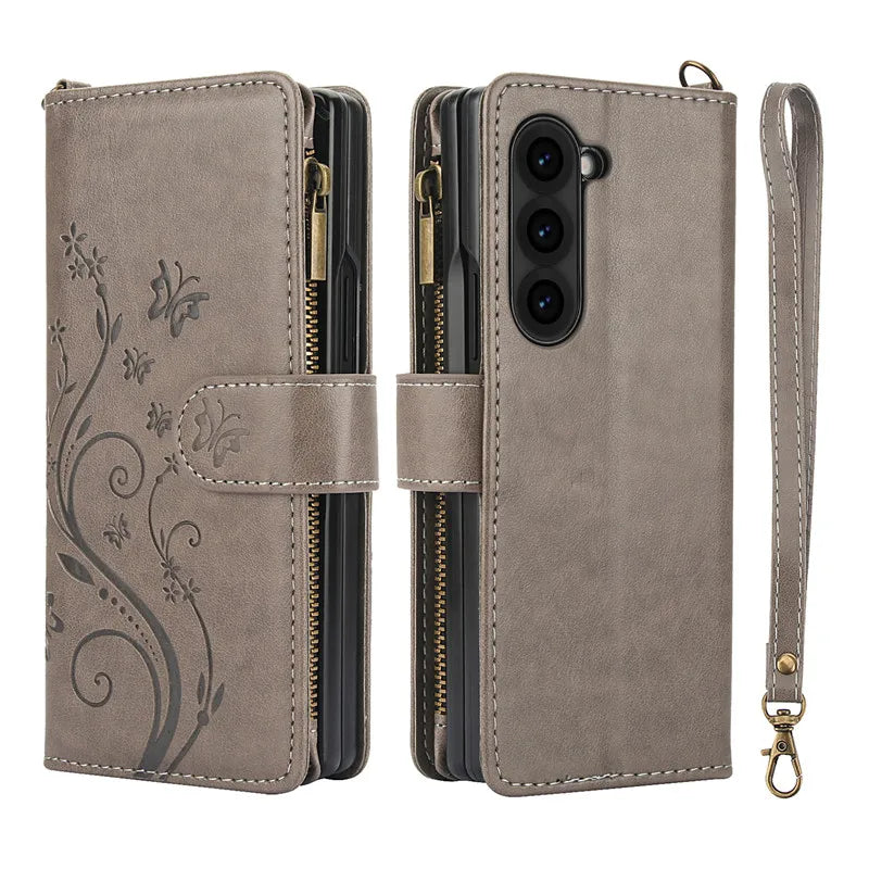 Lanyard Leather Zipper Wallet Multi Card Phone Case for Samsung Galaxy Z Fold 7 6 5 4 3 Fold6 Fold5 Fold4 Fold3 Flip Stand Cover