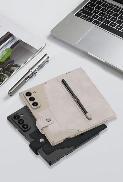 Fold 7 Card Holder Screen Film&Phone Case for Samsung Galaxy Z Fold 7 6 Pen Slot Magnetic Buckle Wallet Pu Leather+Pc Hard Cover