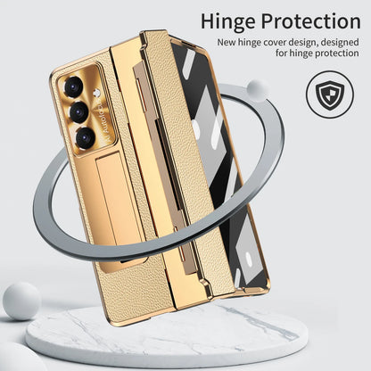 For Samsung Galaxy Z Fold 7 6 5 4 5G With Screen Protect Glass Film Luxury Leather One-Piece Plating Stand Hinge Shockproof Case