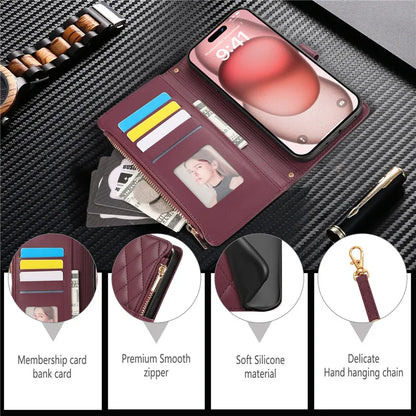 Crossbody Lanyard Leather Zip Wallet Card Slot Phone Case for Samsung Galaxy Z Fold 7 6 5 4 3 Wrist Strap Flip Stand Cover Etui