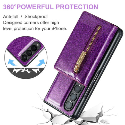 Glitter Magnetic Leather Zip Wallet Phone Case For Samsung Galaxy Z Fold 5 4 3